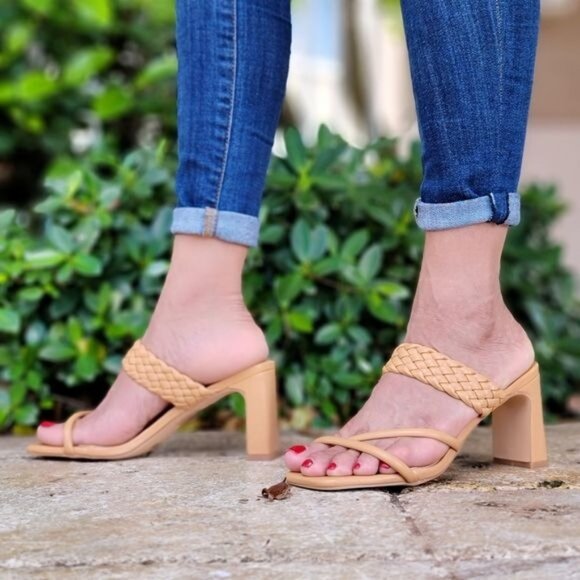 Women's Natural Braided Chunky Block Heel Slide Sandals - Picture 4 of 5